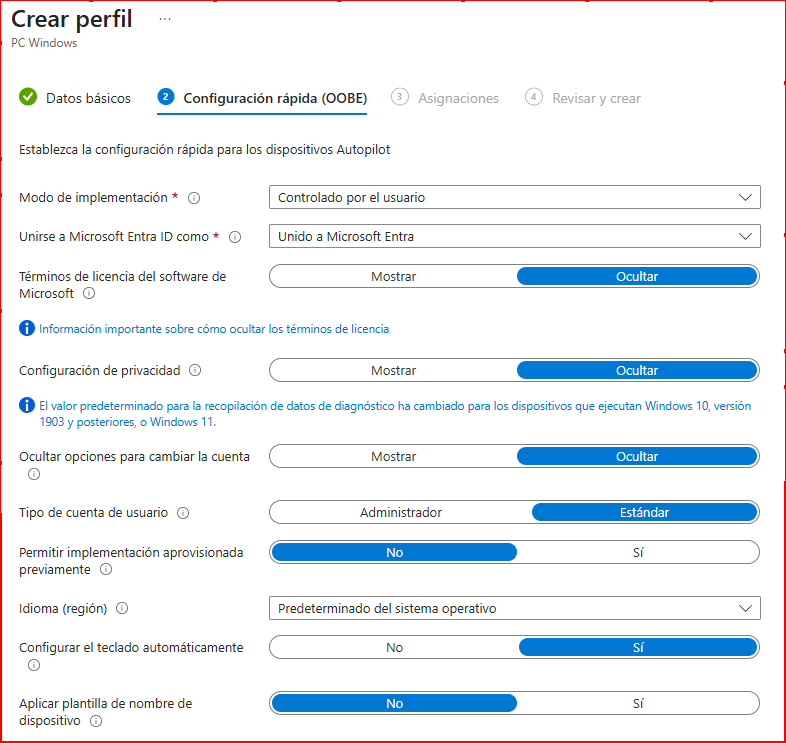 Configuración del perfil de despliegue Autopilot