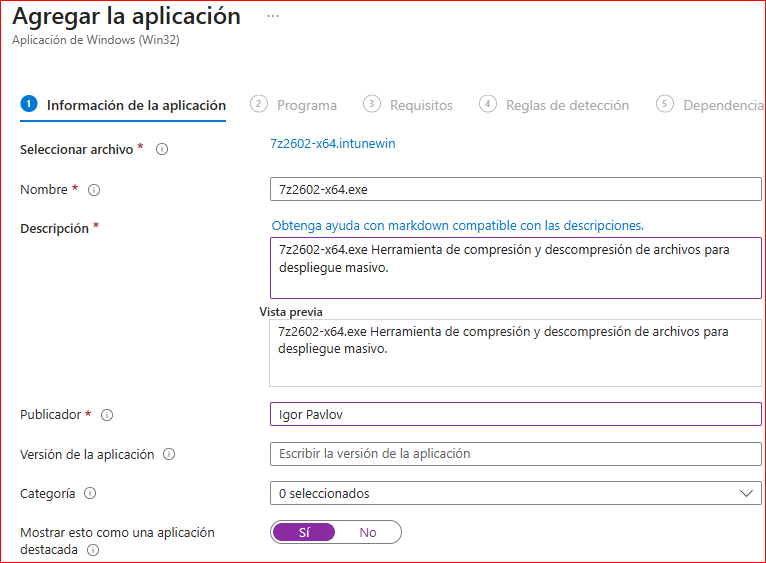 Información de la aplicación en Intune