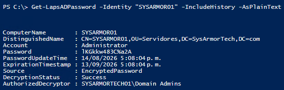 Consulta del historial de contraseñas de LAPS mediante Get-LapsADPassword con parámetro IncludeHistory