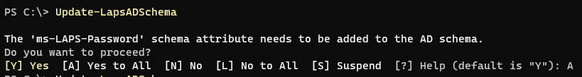 Ejecución del comando Update-LapsADSchema para extender el esquema de Active Directory
