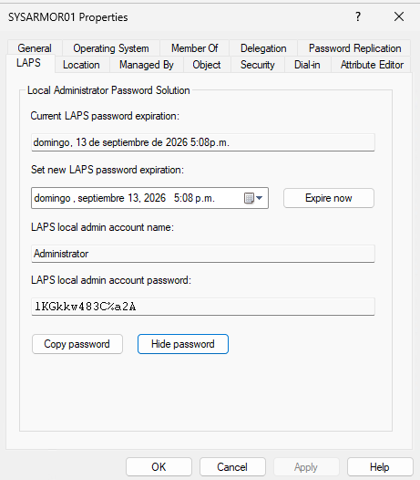 Pestaña LAPS nativa en las propiedades del objeto de equipo dentro de Active Directory Users and Computers