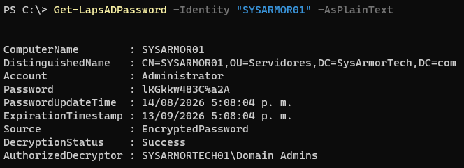 Consulta de contraseña actual de LAPS mediante Get-LapsADPassword en texto plano