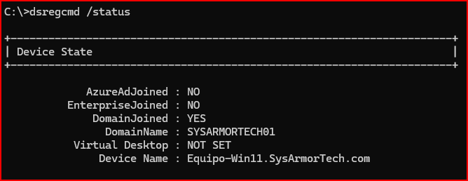 Salida del comando dsregcmd status