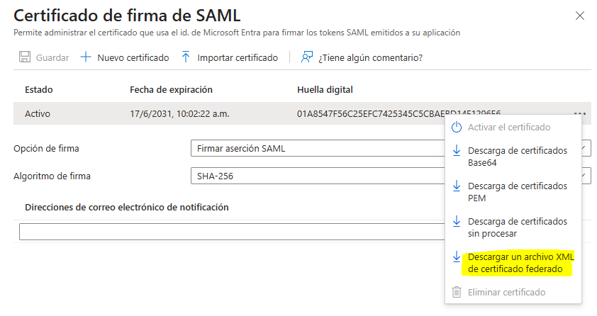 Descarga del XML de metadatos de federación desde el certificado de firma SAML en Microsoft Entra ID