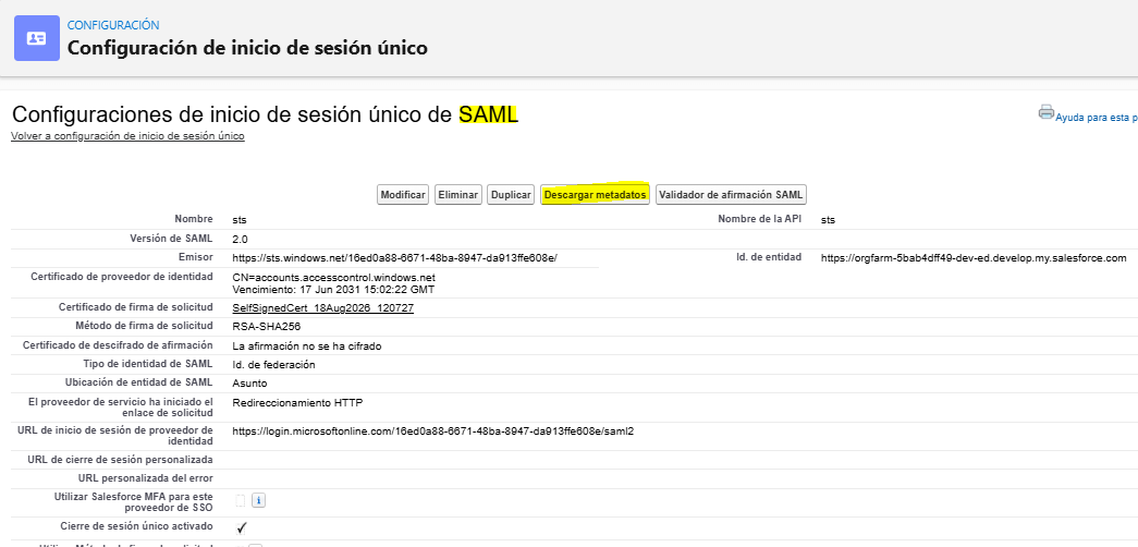 Configuración de inicio de sesión único SAML en Salesforce y descarga de metadatos SP