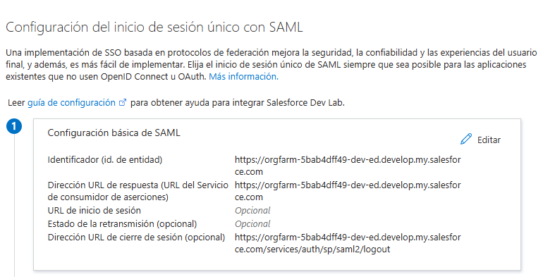 Configuración básica de SAML en Entra ID tras importar los metadatos del SP