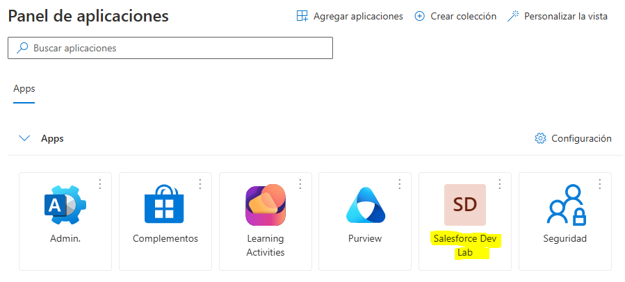 Panel de aplicaciones de Microsoft mostrando la aplicación Salesforce Dev Lab habilitada