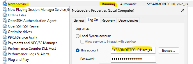 Configuración de servicio NotepadSrv