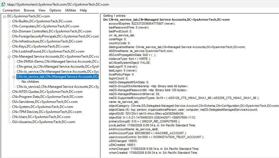 Inspección de atributos dMSA en ldp.exe