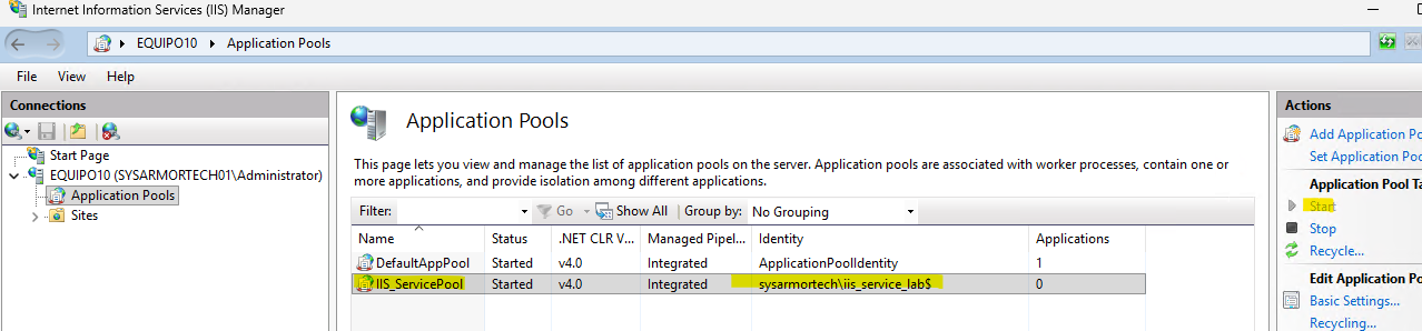 Application Pool en IIS con cuenta dMSA